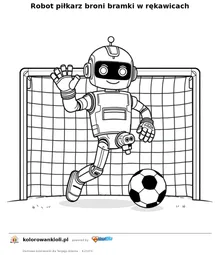 Robot piłkarz broni bramki w rękawicach — kolorowanka do wydruku dla dzieci