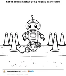 Robot piłkarz kozłuje piłkę między pachołkami — kolorowanka do wydruku dla dzieci