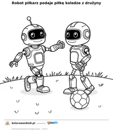 Robot piłkarz podaje piłkę koledze z drużyny — kolorowanka do wydruku dla dzieci