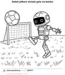 Robot piłkarz strzela gola na boisku — kolorowanka do wydruku dla dzieci