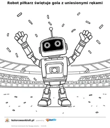 Robot piłkarz świętuje gola z uniesionymi rękami — kolorowanka do wydruku dla dzieci