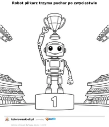Robot piłkarz trzyma puchar po zwycięstwie — kolorowanka do wydruku dla dzieci