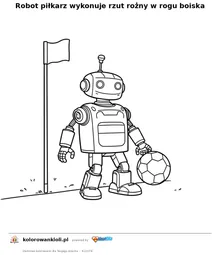 Robot piłkarz wykonuje rzut rożny w rogu boiska — kolorowanka do wydruku dla dzieci