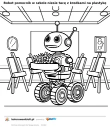 Robot pomocnik w szkole niesie tacę z kredkami na plastykę — kolorowanka do wydruku dla dzieci