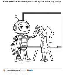 Robot pomocnik w szkole odpowiada na pytanie ucznia przy tablicy — kolorowanka do wydruku dla dzieci