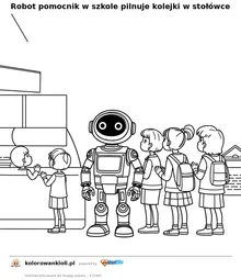 Robot pomocnik w szkole pilnuje kolejki w stołówce — kolorowanka do wydruku dla dzieci