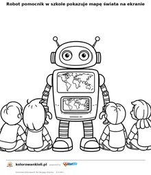 Robot pomocnik w szkole pokazuje mapę świata na ekranie — kolorowanka do wydruku dla dzieci