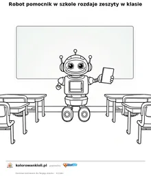 Robot pomocnik w szkole rozdaje zeszyty w klasie — kolorowanka do wydruku dla dzieci