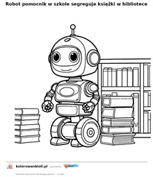 Robot pomocnik w szkole segreguje książki w bibliotece — kolorowanka do wydruku dla dzieci