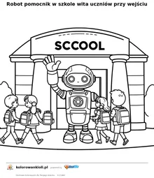 Robot pomocnik w szkole wita uczniów przy wejściu — kolorowanka do wydruku dla dzieci