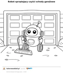 Robot sprzątający czyści schody garażowe — kolorowanka do wydruku dla dzieci