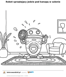 Robot sprzątający jedzie pod kanapą w salonie — kolorowanka do wydruku dla dzieci