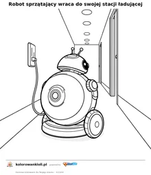 Robot sprzątający wraca do swojej stacji ładującej — kolorowanka do wydruku dla dzieci