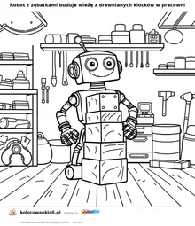 Robot z zębatkami buduje wieżę z drewnianych klocków w pracowni — kolorowanka do wydruku dla dzieci