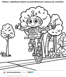 Robot z zębatkami jedzie na jednokołowym rowerze po chodniku — kolorowanka do wydruku dla dzieci