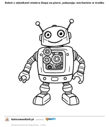 Robot z zębatkami otwiera klapę na piersi, pokazując mechanizm w środku — kolorowanka do wydruku dla dzieci