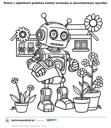 Robot z zębatkami podlewa kwiaty konewką w warsztatowym ogródku — kolorowanka do wydruku dla dzieci