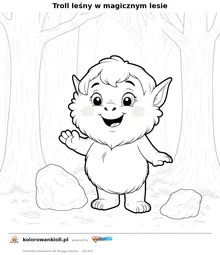 Troll leśny w magicznym lesie — kolorowanka do wydruku dla dzieci