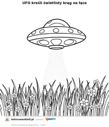 UFO kreśli świetlisty krąg na łące — kolorowanka do wydruku dla dzieci