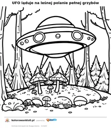 UFO ląduje na leśnej polanie pełnej grzybów — kolorowanka do wydruku dla dzieci