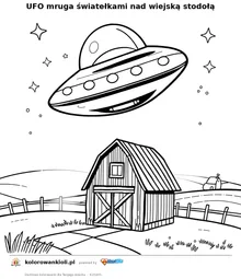 UFO mruga światełkami nad wiejską stodołą — kolorowanka do wydruku dla dzieci