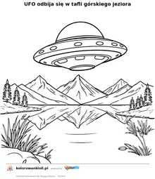UFO odbija się w tafli górskiego jeziora — kolorowanka do wydruku dla dzieci