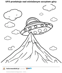 UFO przelatuje nad ośnieżonym szczytem góry — kolorowanka do wydruku dla dzieci