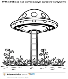 UFO z drabinką nad przydomowym ogrodem warzywnym — kolorowanka do wydruku dla dzieci