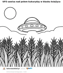 UFO zawisa nad polem kukurydzy w blasku księżyca — kolorowanka do wydruku dla dzieci