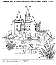 Zamek nad jeziorem otoczony łabędziami wśród trzcin — kolorowanka do wydruku dla dzieci