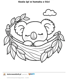 Koala śpi w hamaku z liści — kolorowanka do wydruku dla dzieci