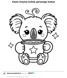 Koala trzyma kubek gorącego kakao — kolorowanka do wydruku dla dzieci