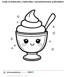 Lody w kubeczku z łyżeczką i zarumienionym policzkiem — kolorowanka do wydruku dla dzieci