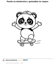 Panda na deskorolce z gwiazdką na czapce — kolorowanka do wydruku dla dzieci