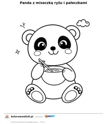 Panda z miseczką ryżu i pałeczkami — kolorowanka do wydruku dla dzieci