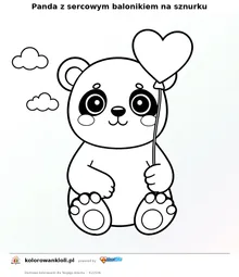 Panda z sercowym balonikiem na sznurku — kolorowanka do wydruku dla dzieci