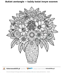 Bukiet zentangle — każdy kwiat innym wzorem — kolorowanka antystresowa do wydruku na A4