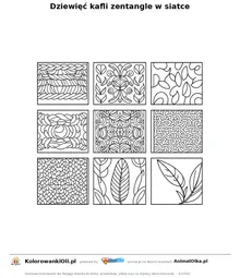 Dziewięć kafli zentangle w siatce — kolorowanka antystresowa do wydruku na A4