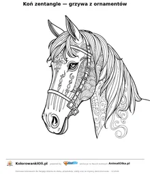 Koń zentangle — grzywa z ornamentów — kolorowanka antystresowa do wydruku na A4