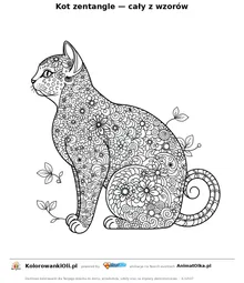 Kot zentangle — cały z wzorów — kolorowanka antystresowa do wydruku na A4