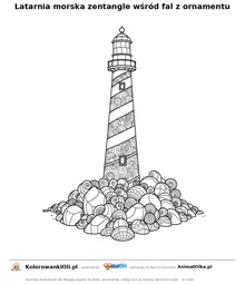 Latarnia morska zentangle wśród fal z ornamentu — kolorowanka antystresowa do wydruku na A4