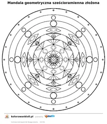 Mandala geometryczna sześcioramienna złożona — kolorowanka do wydruku dla dzieci