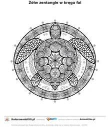 Żółw zentangle w kręgu fal — kolorowanka antystresowa do wydruku na A4