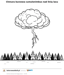 Chmura burzowa cumulonimbus nad linią lasu — kolorowanka do wydruku dla dzieci