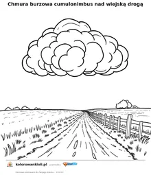 Chmura burzowa cumulonimbus nad wiejską drogą — kolorowanka do wydruku dla dzieci