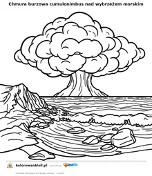 Chmura burzowa cumulonimbus nad wybrzeżem morskim — kolorowanka do wydruku dla dzieci