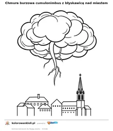 Chmura burzowa cumulonimbus z błyskawicą nad miastem — kolorowanka do wydruku dla dzieci