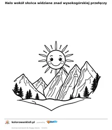 Halo wokół słońca widziane znad wysokogórskiej przełęczy — kolorowanka do wydruku dla dzieci