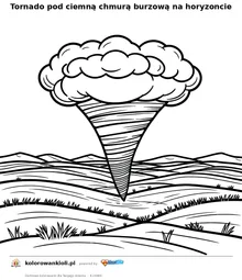 Tornado pod ciemną chmurą burzową na horyzoncie — kolorowanka do wydruku dla dzieci