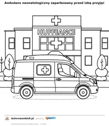 Ambulans neonatologiczny zaparkowany przed izbą przyjęć — kolorowanka do wydruku dla dzieci